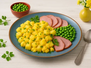 Blauer Keramikteller mit Frühlingskartoffelwürfeln, Ei, Schinken und jungen Erbsen, angerichtet auf weißem Holztisch mit sichtbarer Maserung und frischer Deko.