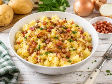 Rustikale gestampfte Kartoffeln mit knusprigem Speck und goldbraunen Zwiebeln in einer weißen Schüssel.