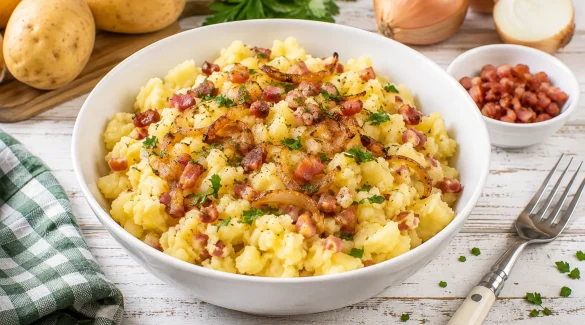 Rustikale gestampfte Kartoffeln mit knusprigem Speck und goldbraunen Zwiebeln in einer weißen Schüssel.