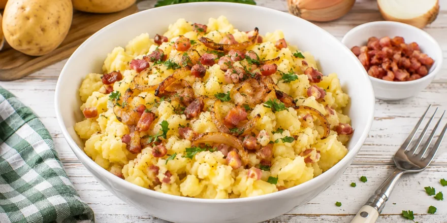 Rustikale gestampfte Kartoffeln mit knusprigem Speck und goldbraunen Zwiebeln in einer weißen Schüssel.