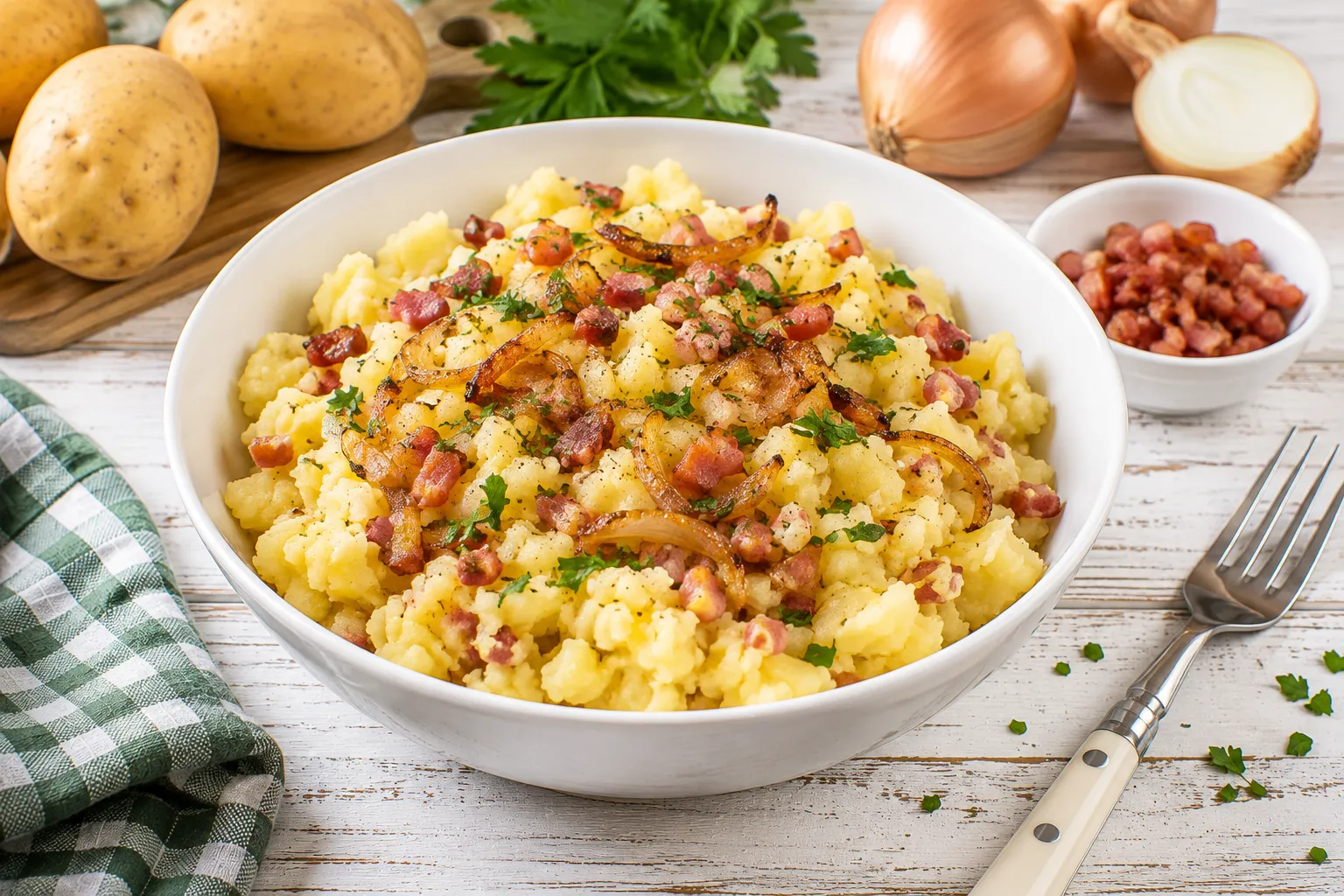 Rustikale gestampfte Kartoffeln mit knusprigem Speck und goldbraunen Zwiebeln in einer weißen Schüssel.