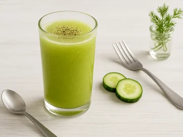 Gurkendrink mit Wodka und Pfeffer in hohem Glas, serviert auf weißem Holzhintergrund
