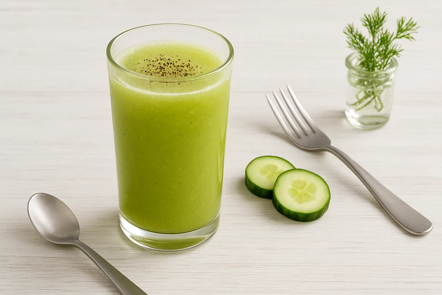 Gurkendrink mit Wodka und Pfeffer in hohem Glas, serviert auf weißem Holzhintergrund