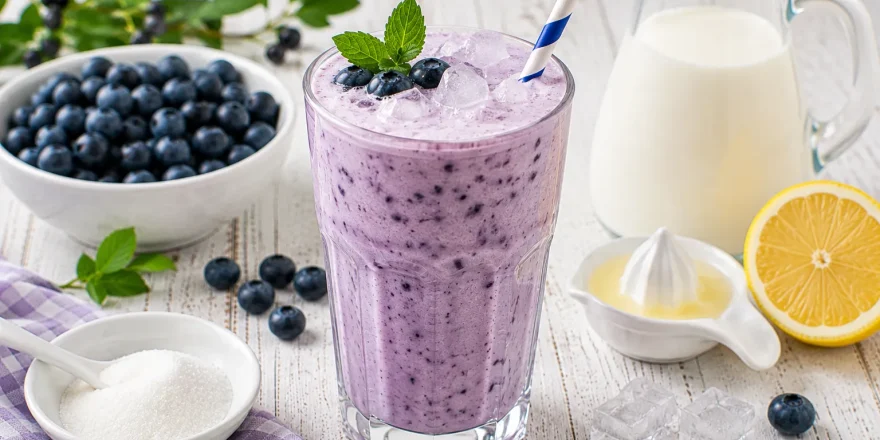 Cremiger Heidelbeer-Sahne-Drink mit frischen Heidelbeeren und Eiswürfeln in einem hohen Glas.