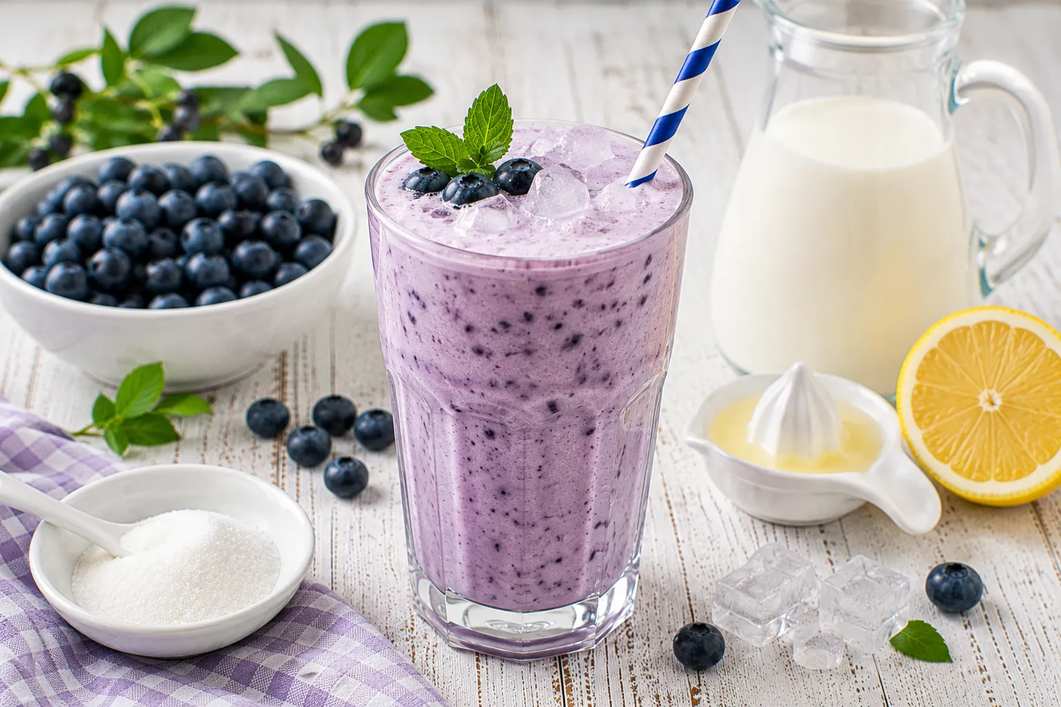 Cremiger Heidelbeer-Sahne-Drink mit frischen Heidelbeeren und Eiswürfeln in einem hohen Glas.