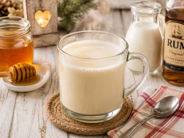 Heißer Honigpunsch aus Milch, Honig und Rum in einem Glasbecher.