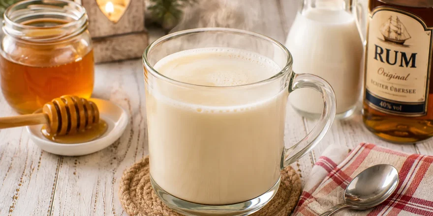 Heißer Honigpunsch aus Milch, Honig und Rum in einem Glasbecher.