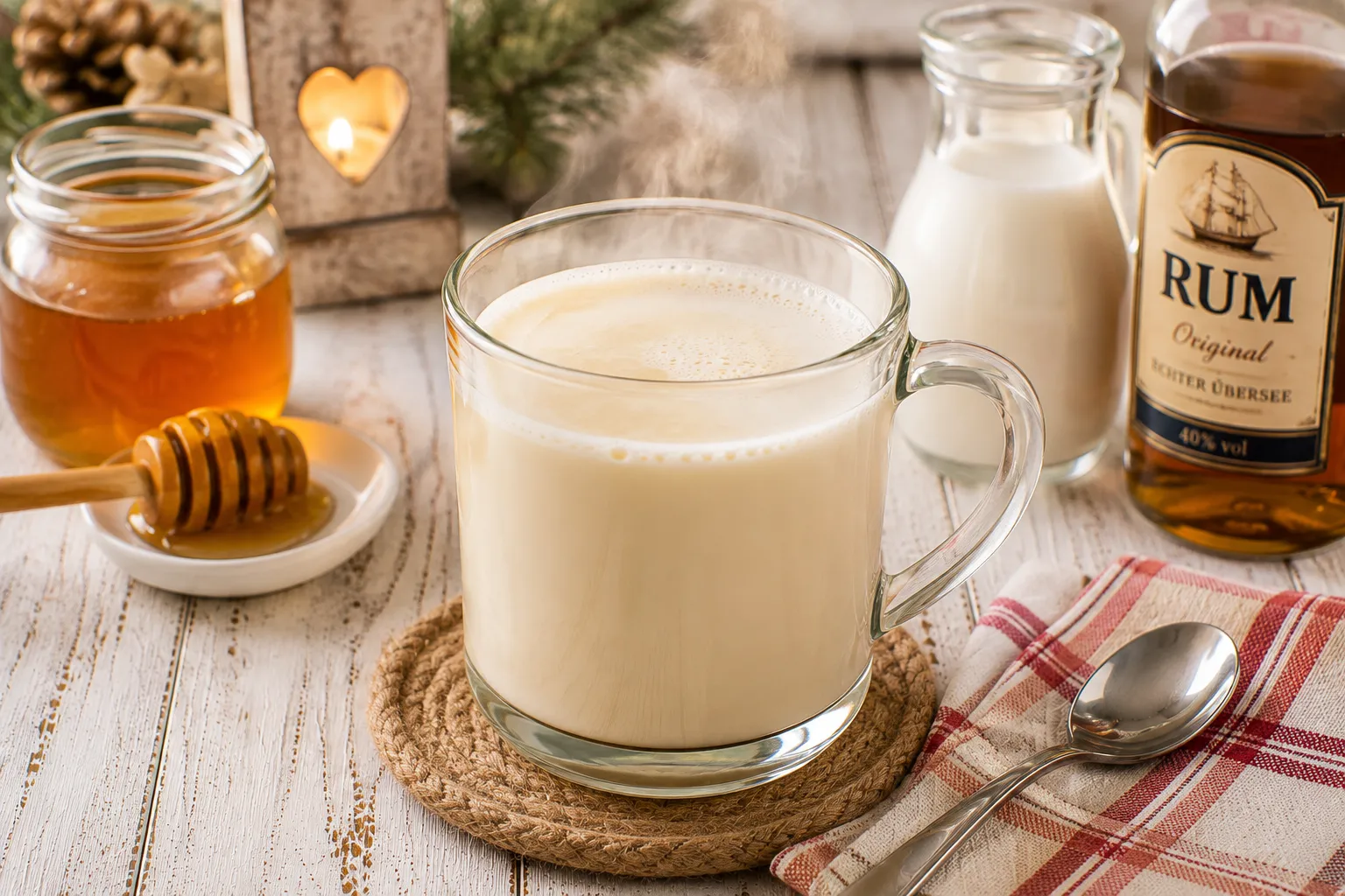 Heißer Honigpunsch aus Milch, Honig und Rum in einem Glasbecher.
