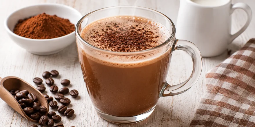 Heißer Kaffee Mexikaner aus Kaffee und Kakao in einer Glas- oder Keramiktasse.