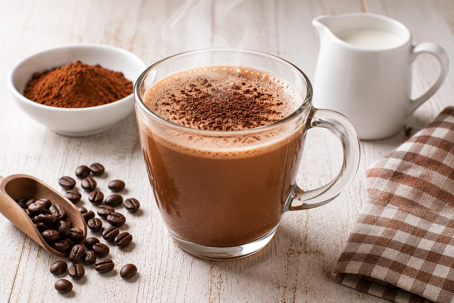 Heißer Kaffee Mexikaner aus Kaffee und Kakao in einer Glas- oder Keramiktasse.