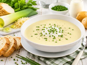 Kalte Kartoffelcremesuppe mit Joghurt und frischem Schnittlauch in einer weißen Suppenschüssel.