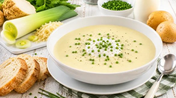 Kalte Kartoffelcremesuppe mit Joghurt und frischem Schnittlauch in einer weißen Suppenschüssel.