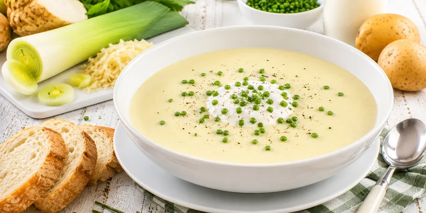Kalte Kartoffelcremesuppe mit Joghurt und frischem Schnittlauch in einer weißen Suppenschüssel.