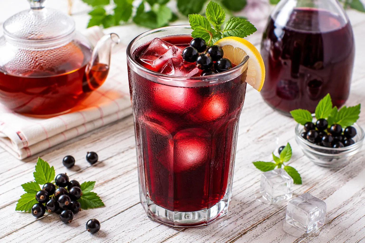 Kalter Johann in einem hohen Glas mit Eiswürfeln und frischen schwarzen Johannisbeeren.