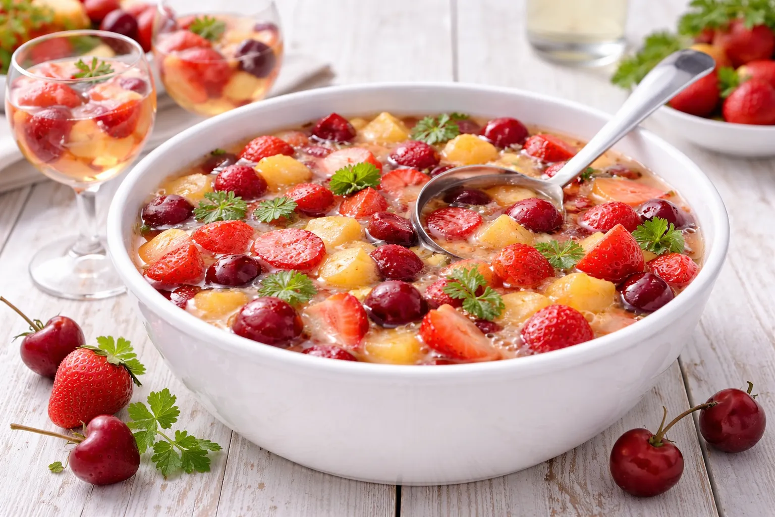 Weiße Bowlenschale mit Kinderbowle, Erdbeeren, Pfirsichen und Kirschen auf weißem Holzhintergrund mit sichtbarer Maserung und moderner Tischdeko