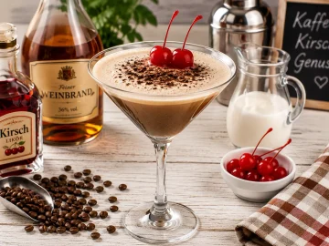 Eleganter Kirsch-Cocktail mit Kaffee, Sahne und Maraschinokirschen in einem Cocktailglas.