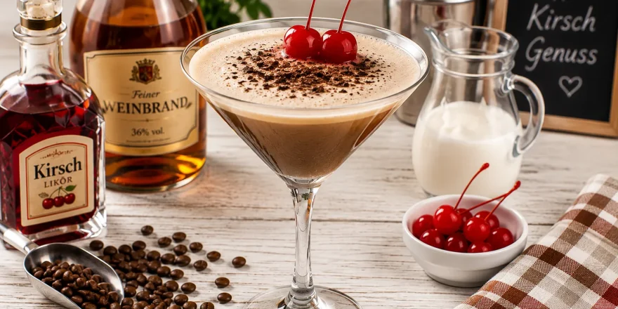 Eleganter Kirsch-Cocktail mit Kaffee, Sahne und Maraschinokirschen in einem Cocktailglas.