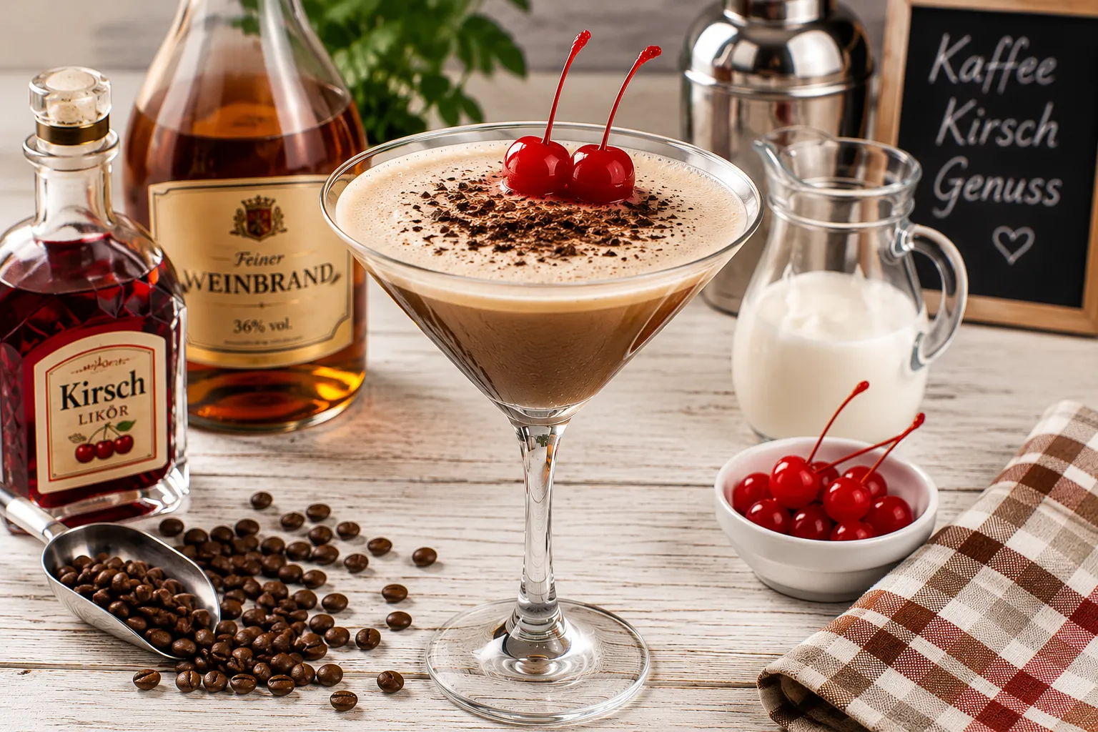 Eleganter Kirsch-Cocktail mit Kaffee, Sahne und Maraschinokirschen in einem Cocktailglas.