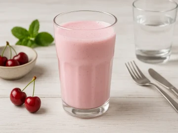 Glas mit rosa Kirschbuttermilch auf weißem Holztisch, daneben passende Deko