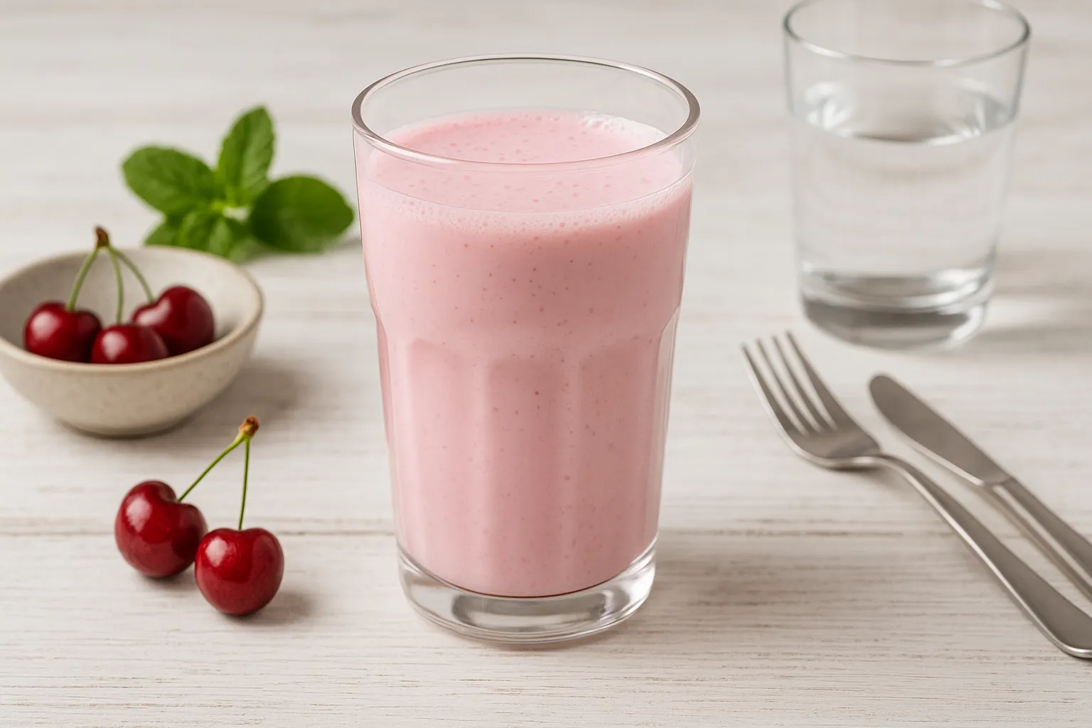Glas mit rosa Kirschbuttermilch auf weißem Holztisch, daneben passende Deko