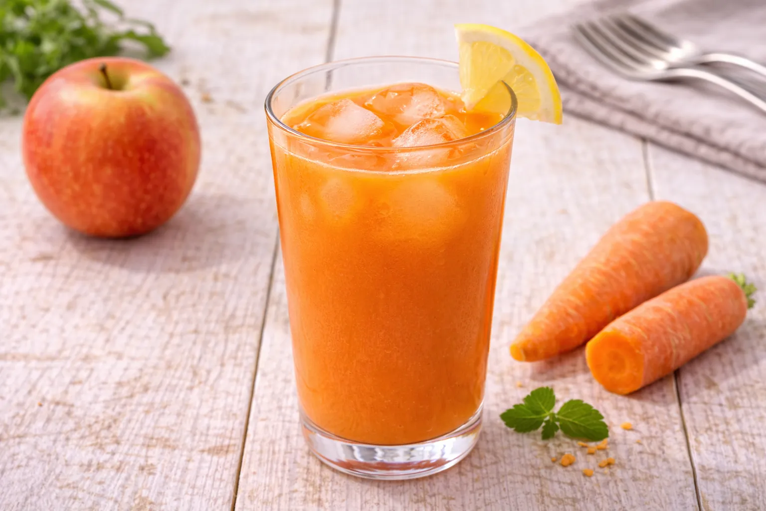 Möhren-Apfel-Drink mit Eiswürfeln in Glas auf hellem Holztisch
