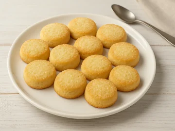 Goldgelb gebackene Mürbchen aus Mürbeteig auf weißem Teller mit Zucker bestreut