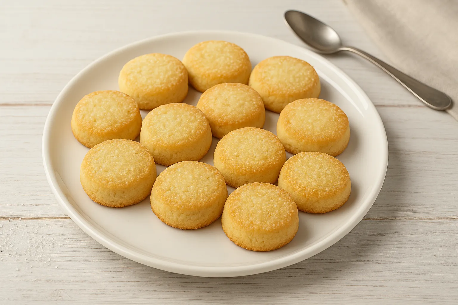 Goldgelb gebackene Mürbchen aus Mürbeteig auf weißem Teller mit Zucker bestreut