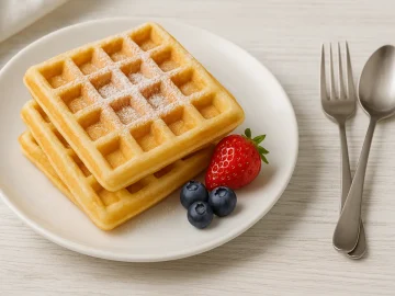 Goldbraune Quarkwaffeln auf einem weißen Teller, serviert mit frischem Obst und Puderzucker auf weißem Holztisch