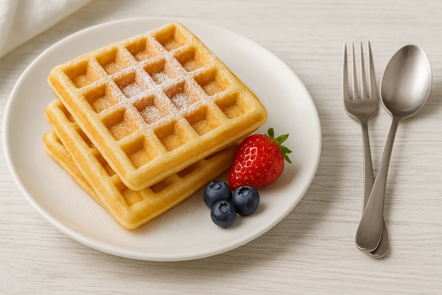 Goldbraune Quarkwaffeln auf einem weißen Teller, serviert mit frischem Obst und Puderzucker auf weißem Holztisch