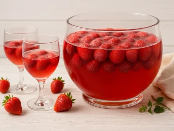 Schnelle Bowle mit Erdbeeren, Weißwein und Sekt in einem Glasgefäß serviert