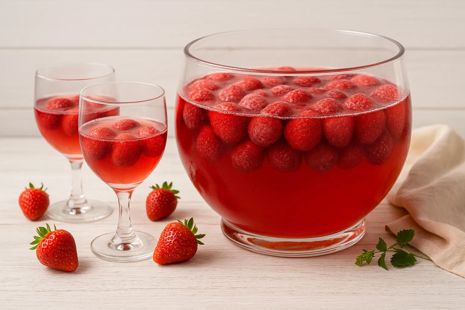 Schnelle Bowle mit Erdbeeren, Weißwein und Sekt in einem Glasgefäß serviert