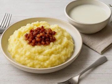 Stampfkartoffeln mit Speckwürfeln und Buttermilch in tiefem Teller auf Holztisch