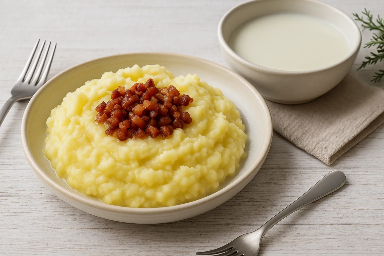 Stampfkartoffeln mit Speckwürfeln und Buttermilch in tiefem Teller auf Holztisch