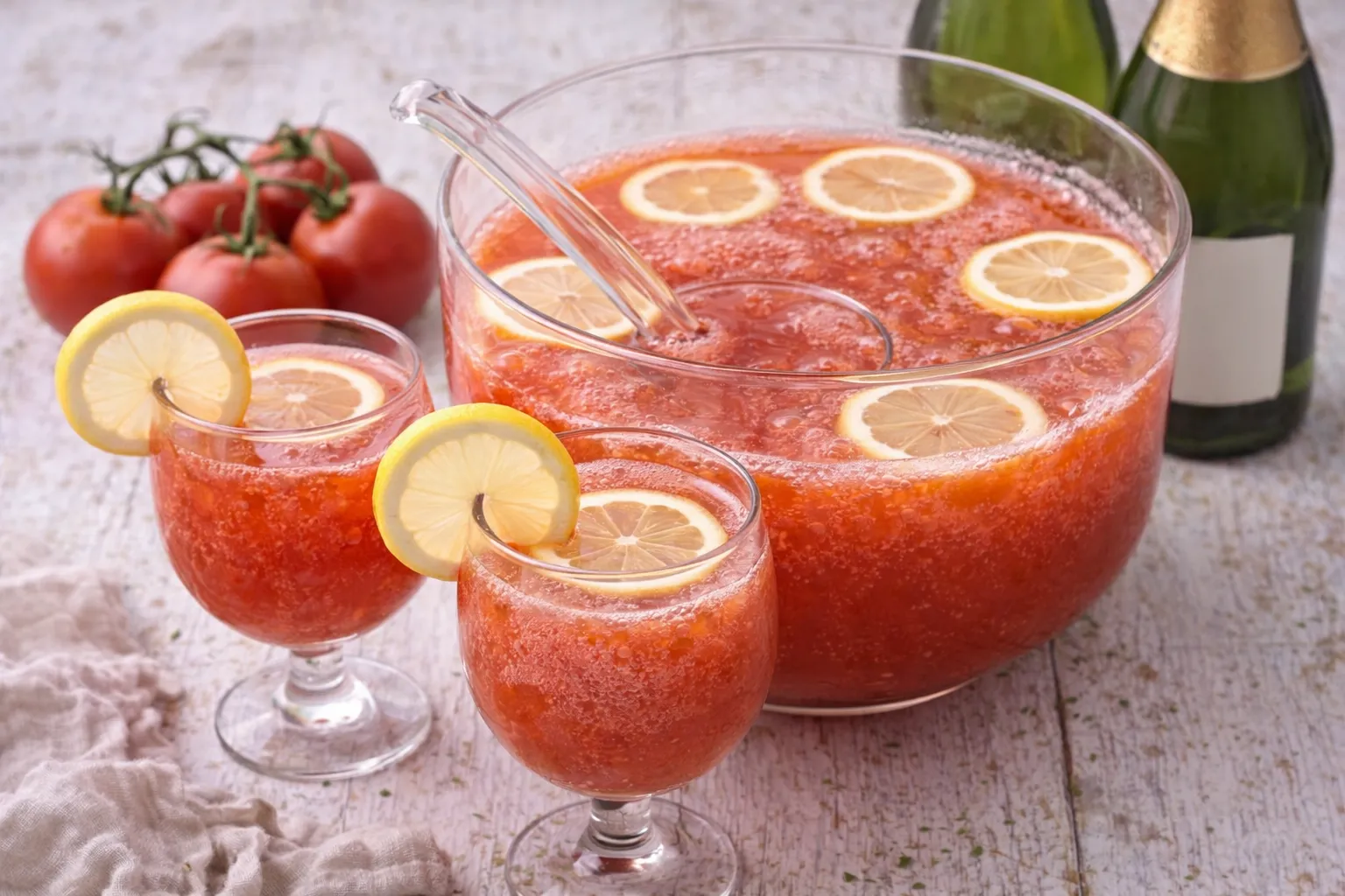 Tomaten-Bowle in Bowleschüssel mit Zitronenscheiben und zwei Gläsern auf weißem Holzhintergrund