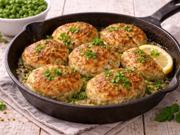 Überbackene Fischbuletten mit Petersilie in rustikaler Bratpfanne auf hellem Holztisch