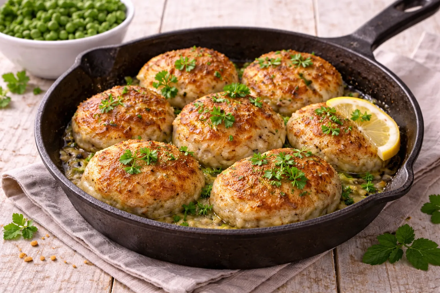 Überbackene Fischbuletten mit Petersilie in rustikaler Bratpfanne auf hellem Holztisch