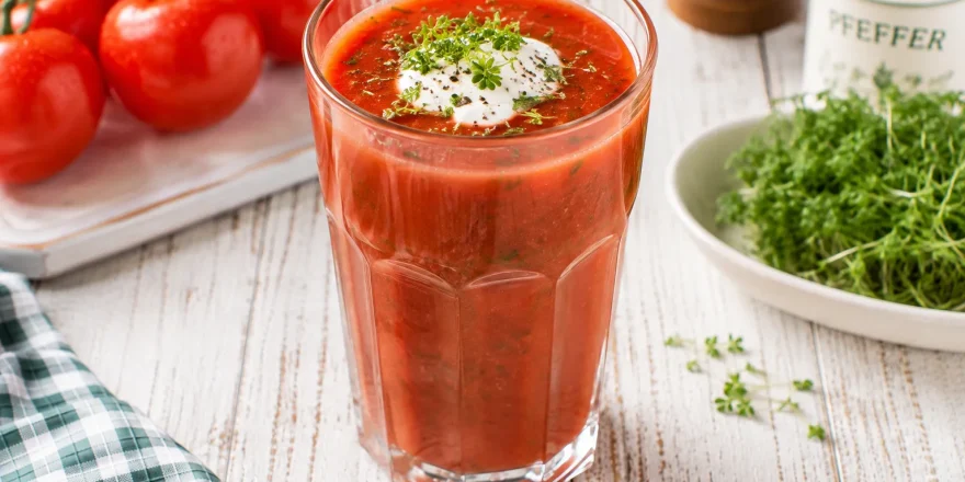 Herzhafter Vitamin-Drink aus Tomatensaft mit Kresse und einem Klecks saurer Sahne in einem hohen Glas.