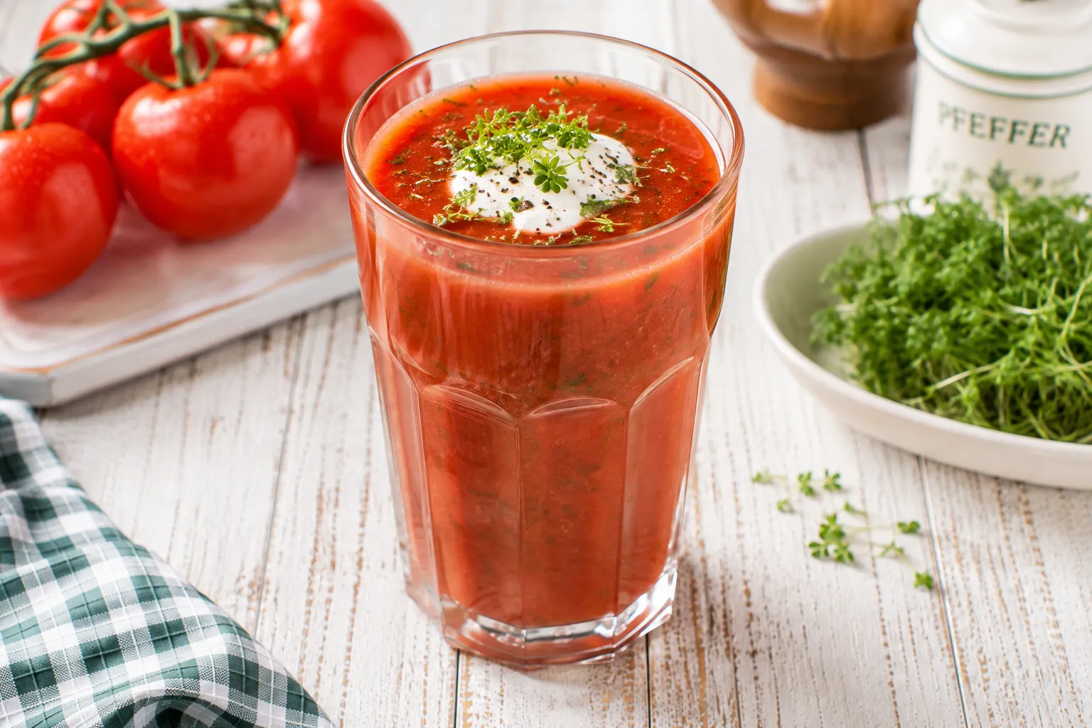 Herzhafter Vitamin-Drink aus Tomatensaft mit Kresse und einem Klecks saurer Sahne in einem hohen Glas.