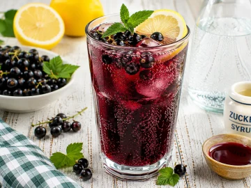 Prickelnder Vitaminsprudel aus Johannisbeer- und Zitronensaft in einem hohen Glas mit frischen Beeren.