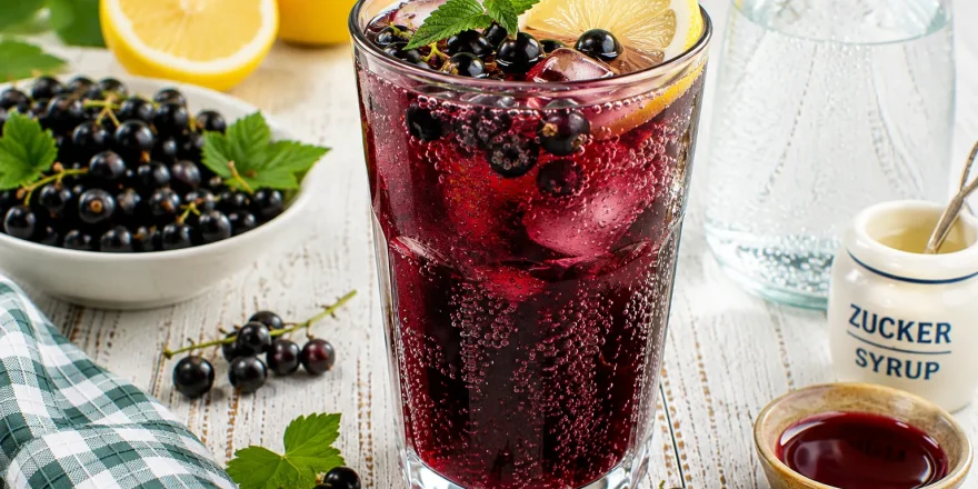 Prickelnder Vitaminsprudel aus Johannisbeer- und Zitronensaft in einem hohen Glas mit frischen Beeren.