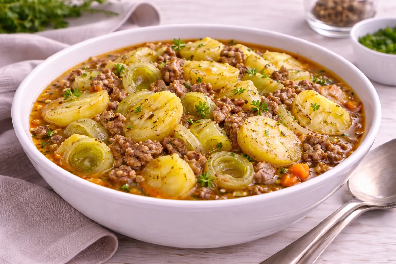 Warschauer Kartoffeltopf mit Hackfleisch, Kartoffelscheiben und Porree in würziger Tomaten-Brühe in weißer Schüssel auf hellem Holztisch.