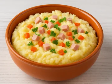 Würziger Kartoffelbrei mit Schinken, Paprika und Petersilie in einer orangen Schale serviert