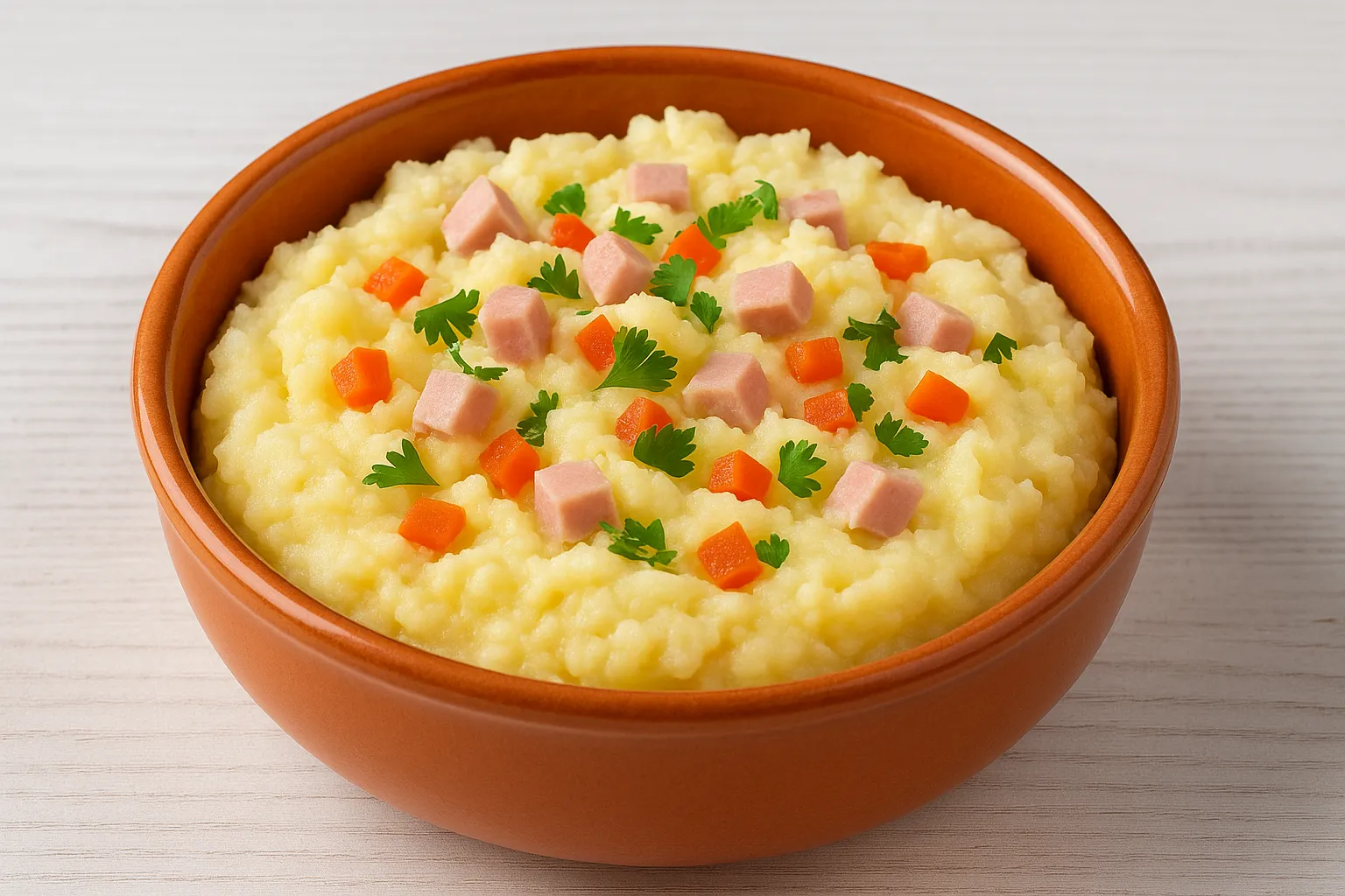 Würziger Kartoffelbrei mit Schinken, Paprika und Petersilie in einer orangen Schale serviert