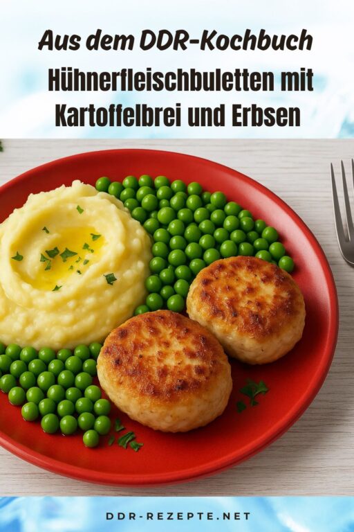 Hühnerfleischbuletten mit Kartoffelbrei und Erbsen