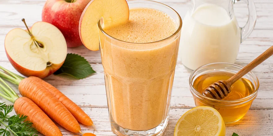 Cremiger Apfel-Möhren-Drink mit Honig in einem hohen Glas.