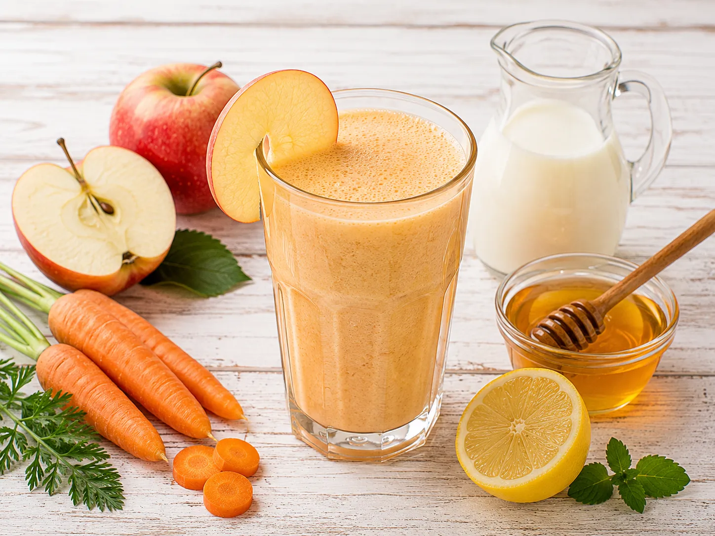 Cremiger Apfel-Möhren-Drink mit Honig in einem hohen Glas.