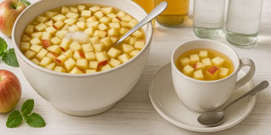 Große weiße Schüssel mit Apfelbowle und vielen Apfelstücken auf hellem Holzhintergrund