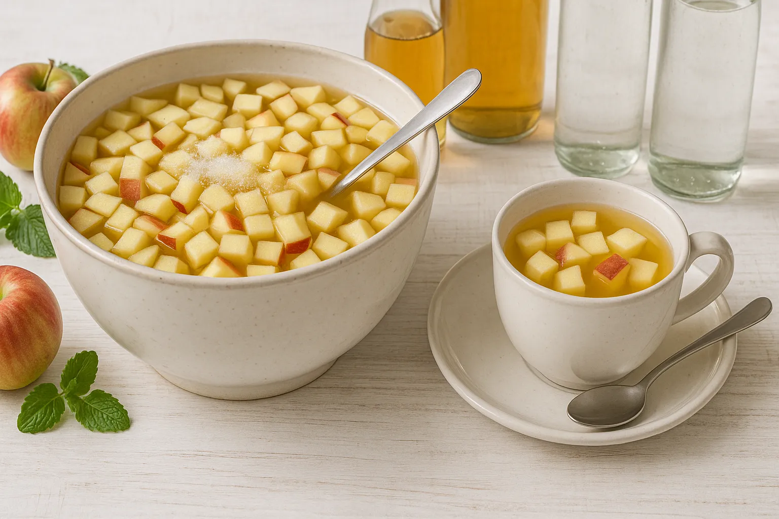 Große weiße Schüssel mit Apfelbowle und vielen Apfelstücken auf hellem Holzhintergrund