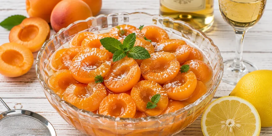 Frischer Aprikosensalat mit Zitronensaft und Dessertwein in einer Glasschüssel.
