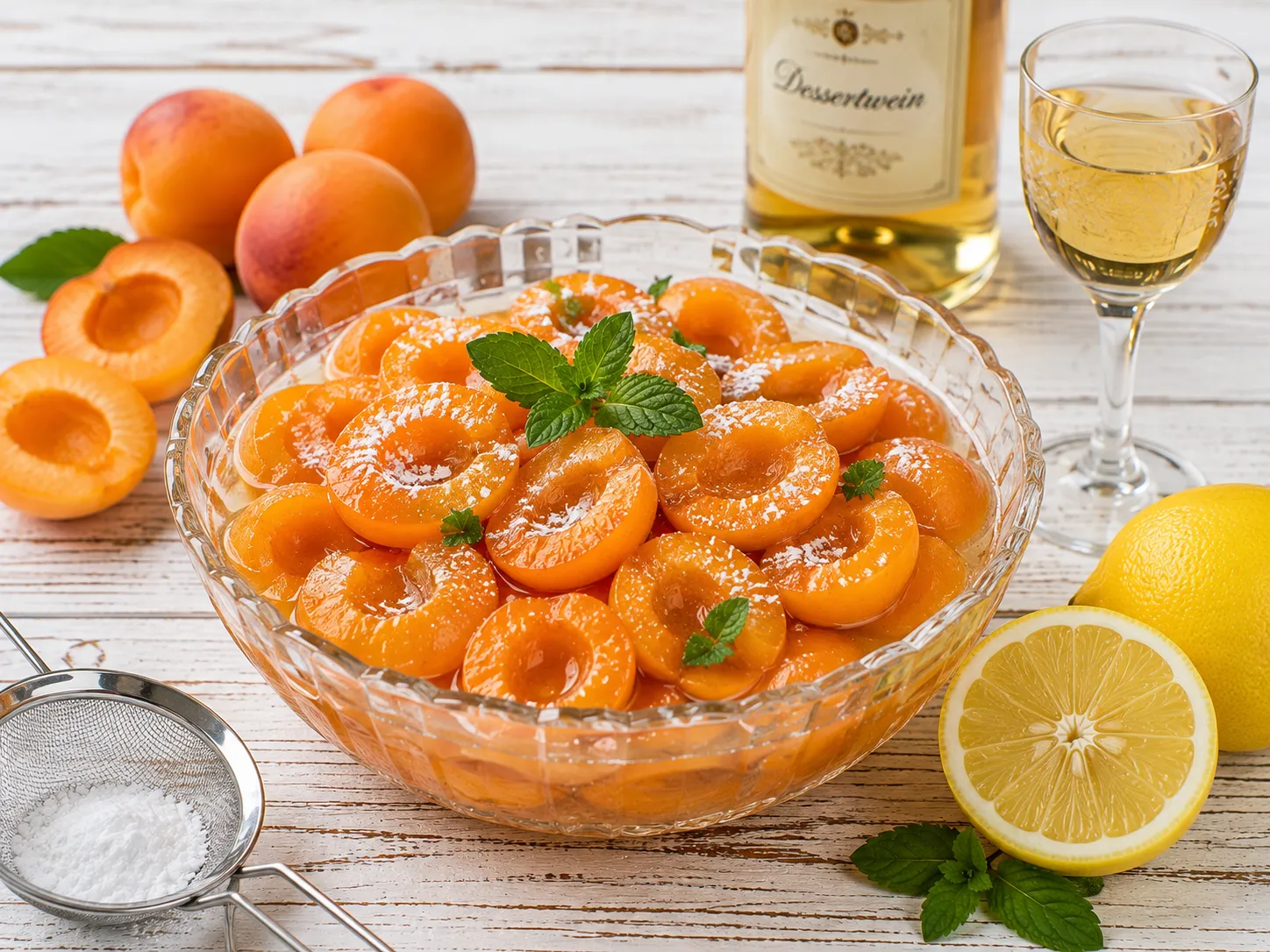 Frischer Aprikosensalat mit Zitronensaft und Dessertwein in einer Glasschüssel.